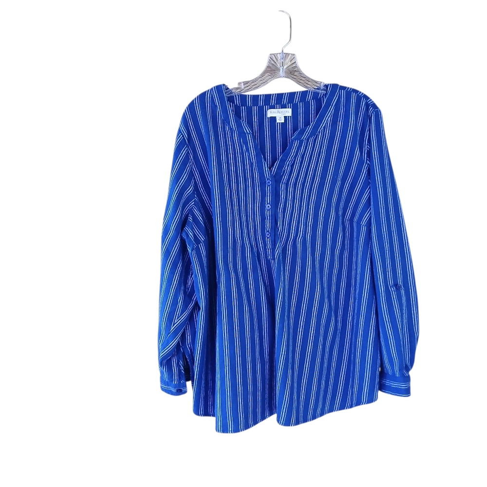 Kim Rogers Cobalt Blue Striped Henley Long Sleeved Flannel Tunic Size 2X